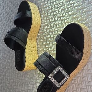 Deltan Delian Platform Black Wedge Sandals 9.5M Collins Raffia Slide Chunky
